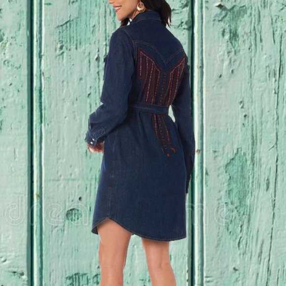 Wrangler Retro XS S Denim Western Embroidered Dress Shirtdress Belted Nwt - Picture 3 of 10